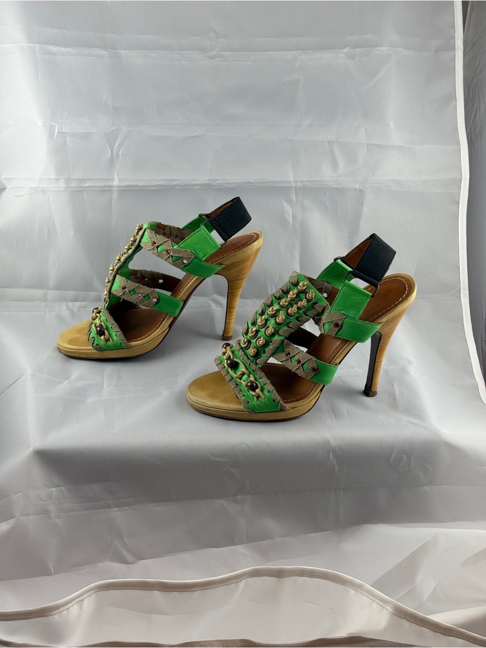 Lanvin Green Leather Gladiator Sandals Woven Chain Detail Sz 36
